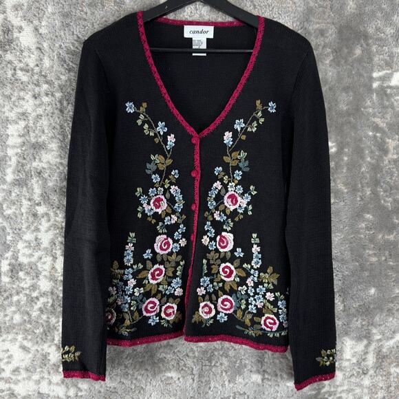 Cando Size S Floral Embroidery V Neck Button Cardigan Sweater Black Long Sleeve - Picture 1 of 8